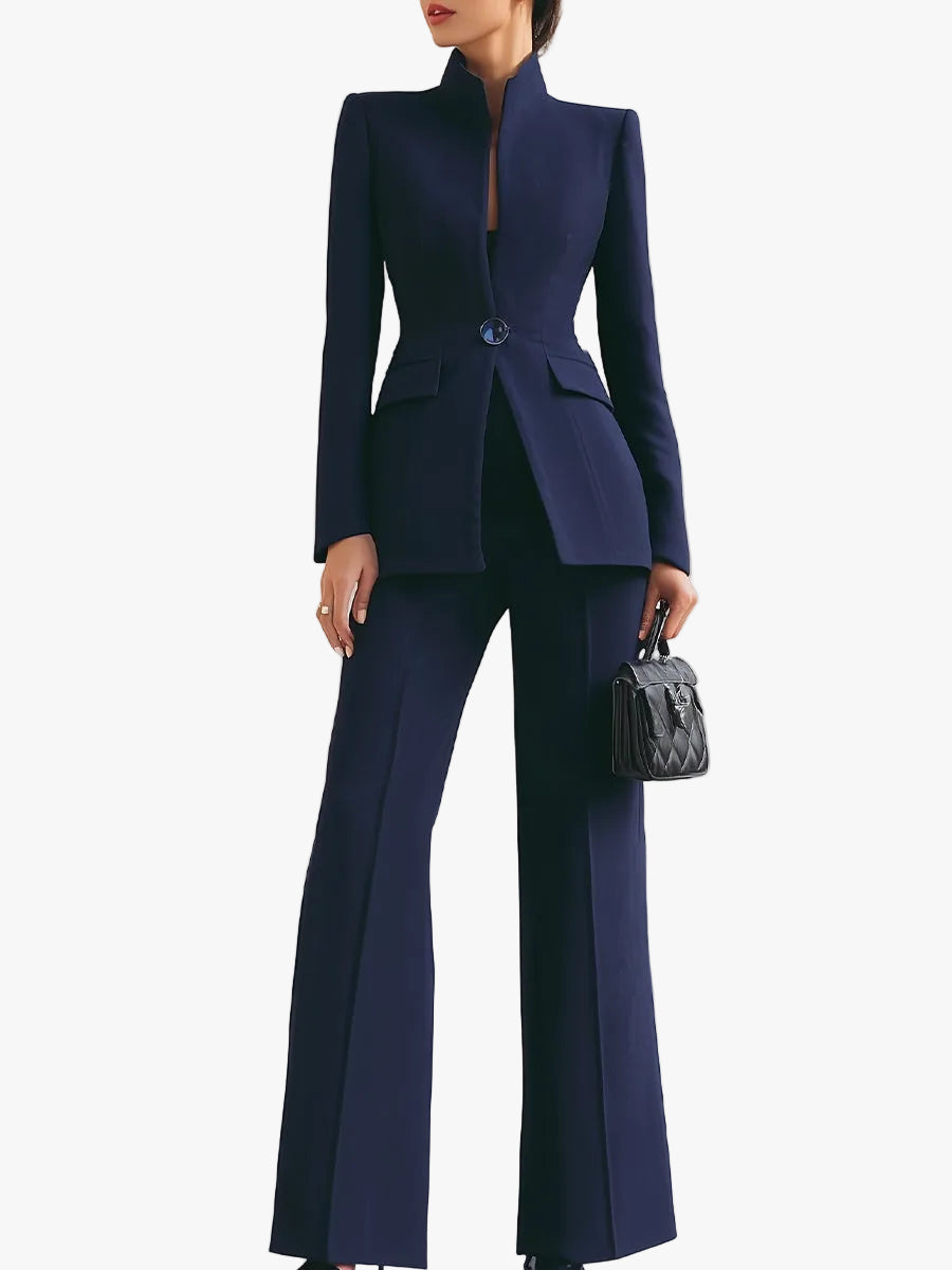 Women's Woven Blazer Set with Stand Collar and Wide-Leg Pants