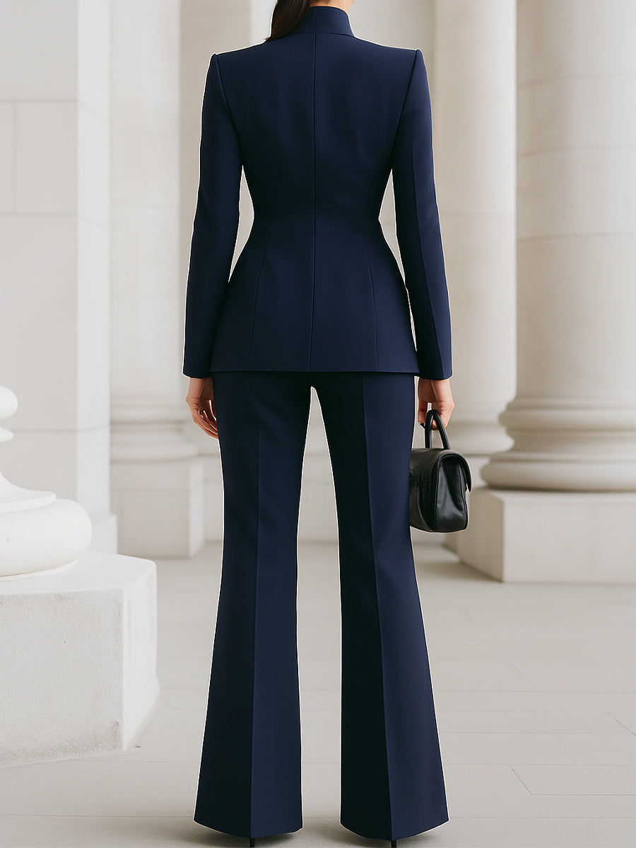 Women's Woven Blazer Set with Stand Collar and Wide-Leg Pants