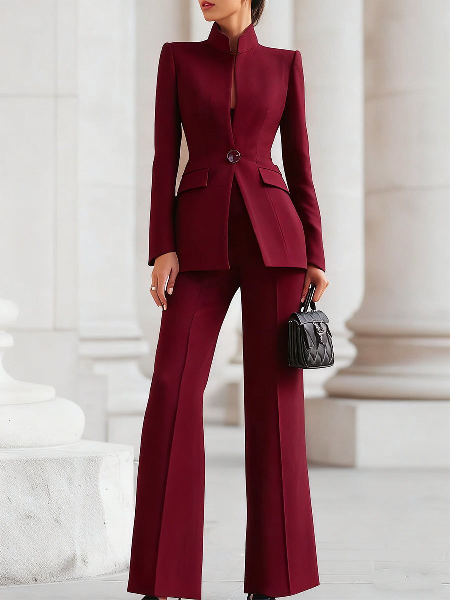 Women's Woven Blazer Set with Stand Collar and Wide-Leg Pants