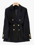 Women's Woven Blazer with Notched Lapel and Double Breasted Buttons