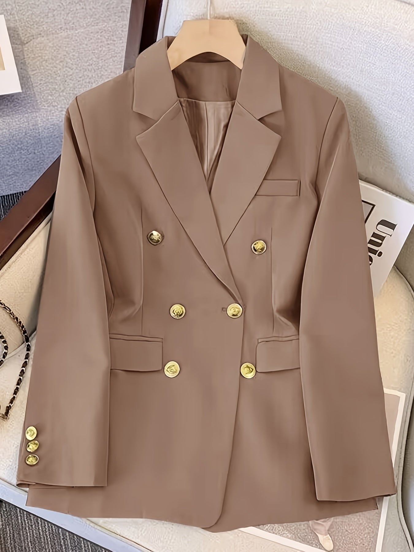 Women's Woven Blazer with Notched Lapel and Double Breasted Buttons