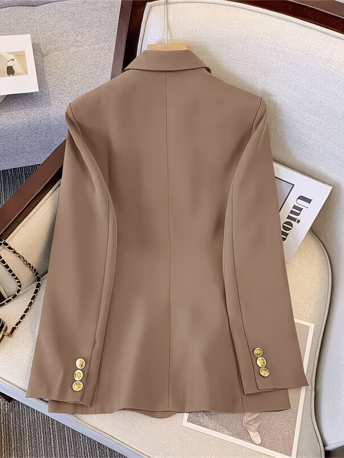 Women's Woven Blazer with Notched Lapel and Double Breasted Buttons