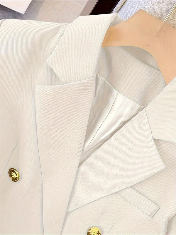 Women's Woven Blazer with Notched Lapel and Double Breasted Buttons