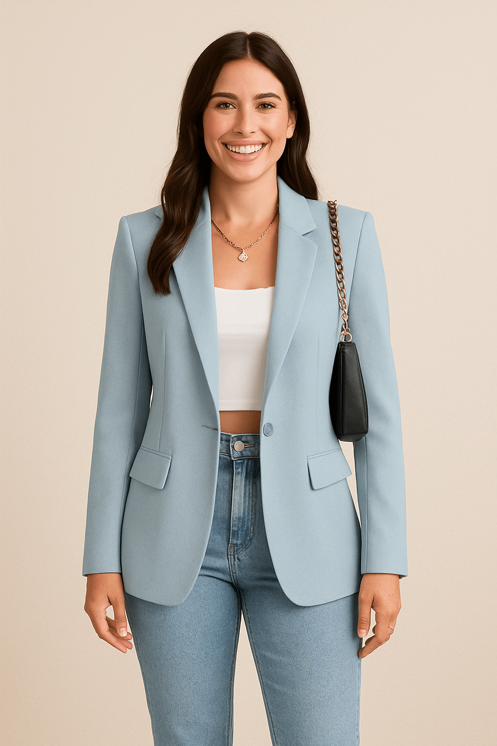 Women's Woven Blazer with Notched Lapels and One-Button Closure