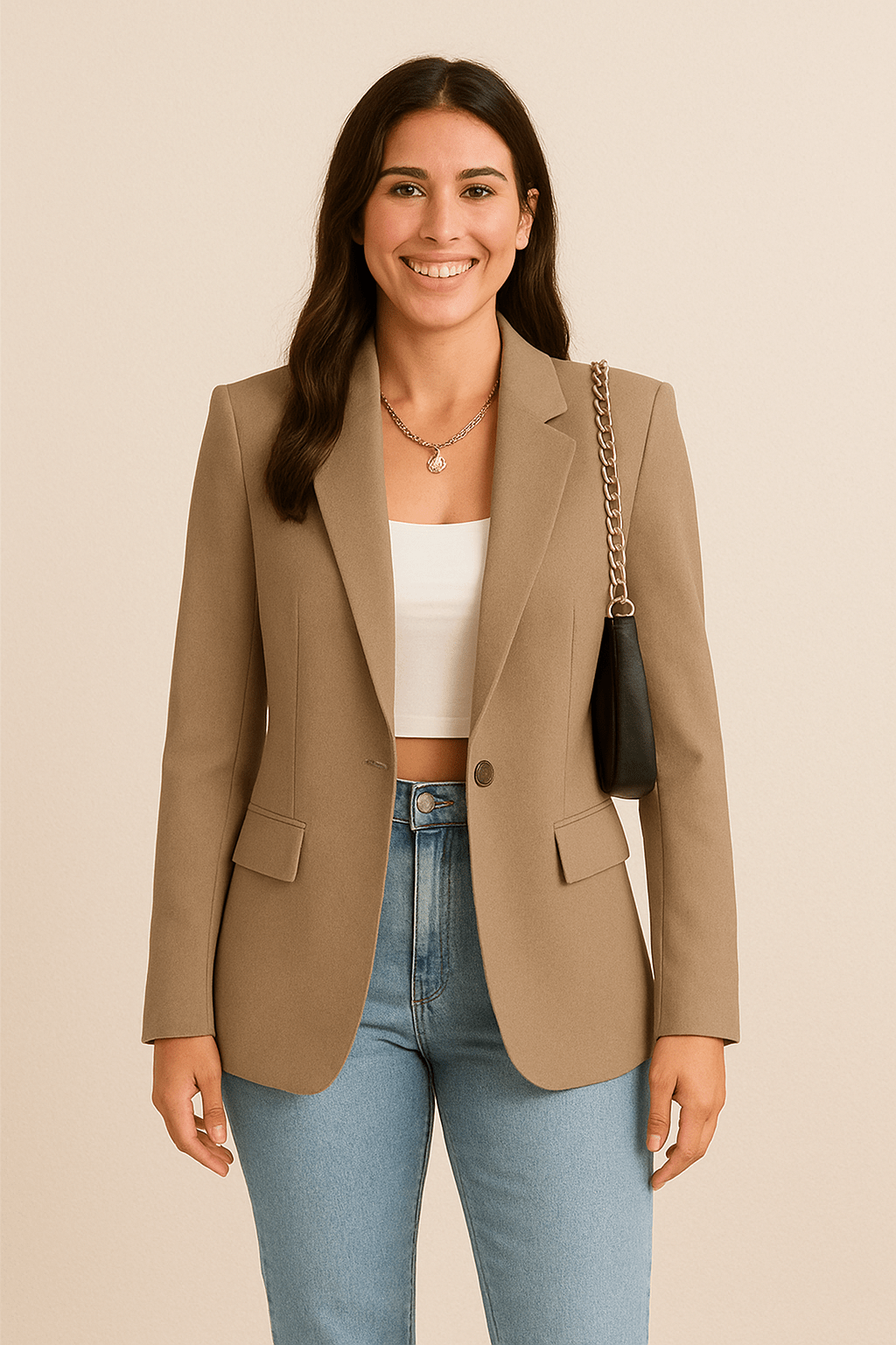 Women's Woven Blazer with Notched Lapels and One-Button Closure