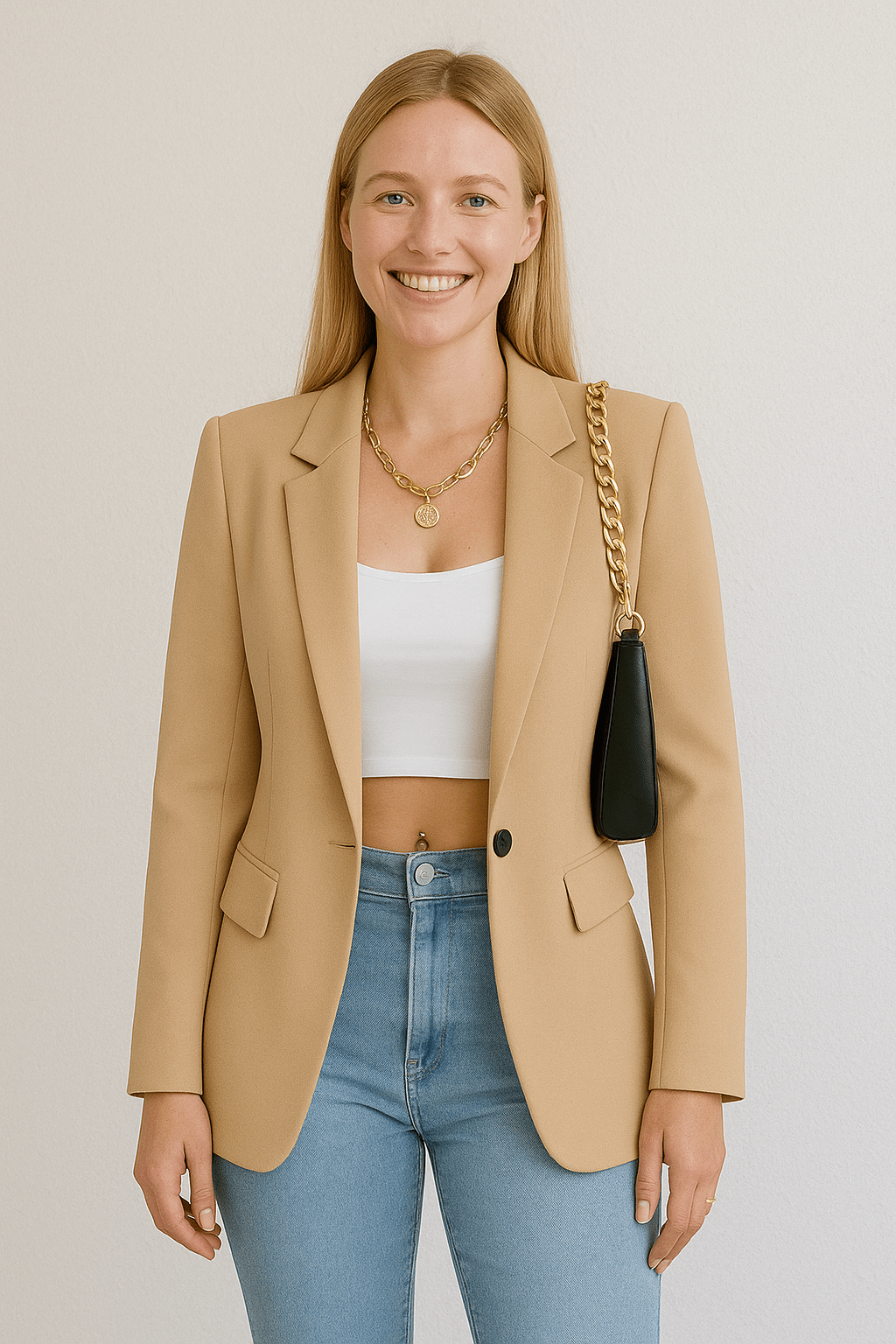 Women's Woven Blazer with Notched Lapels and One-Button Closure