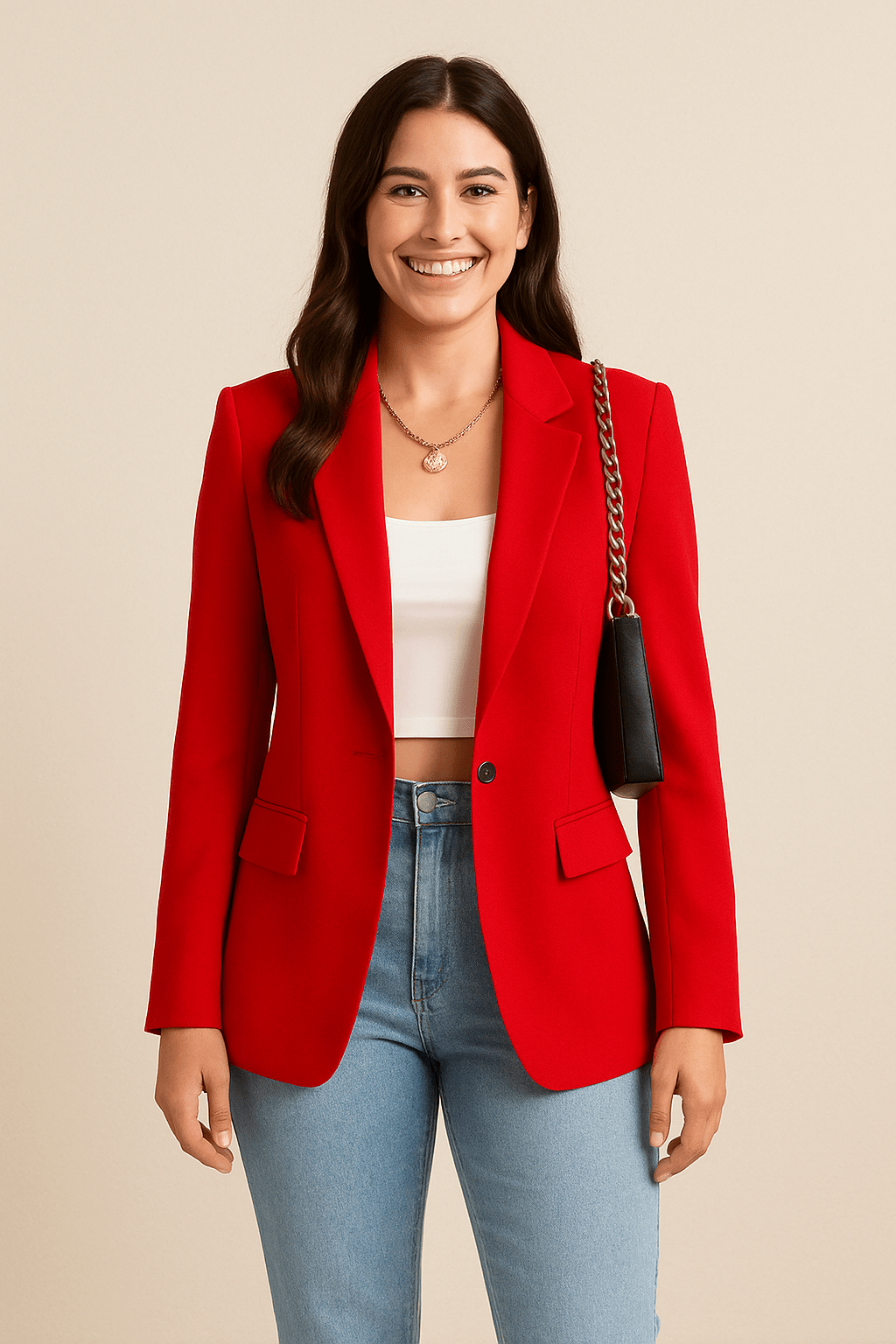 Women's Woven Blazer with Notched Lapels and One-Button Closure