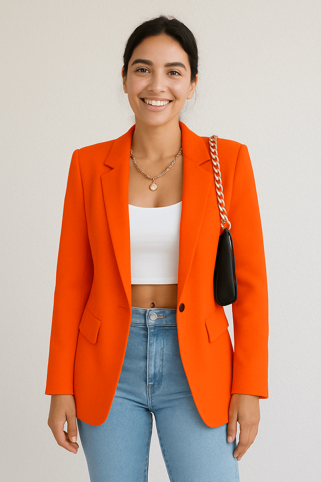 Women's Woven Blazer with Notched Lapels and One-Button Closure