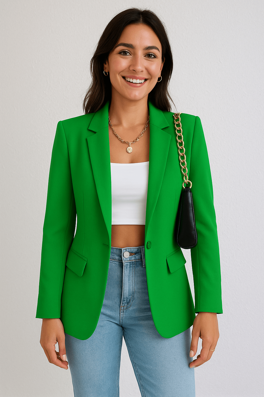 Women's Woven Blazer with Notched Lapels and One-Button Closure