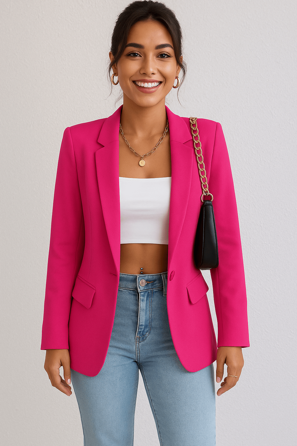 Women's Woven Blazer with Notched Lapels and One-Button Closure