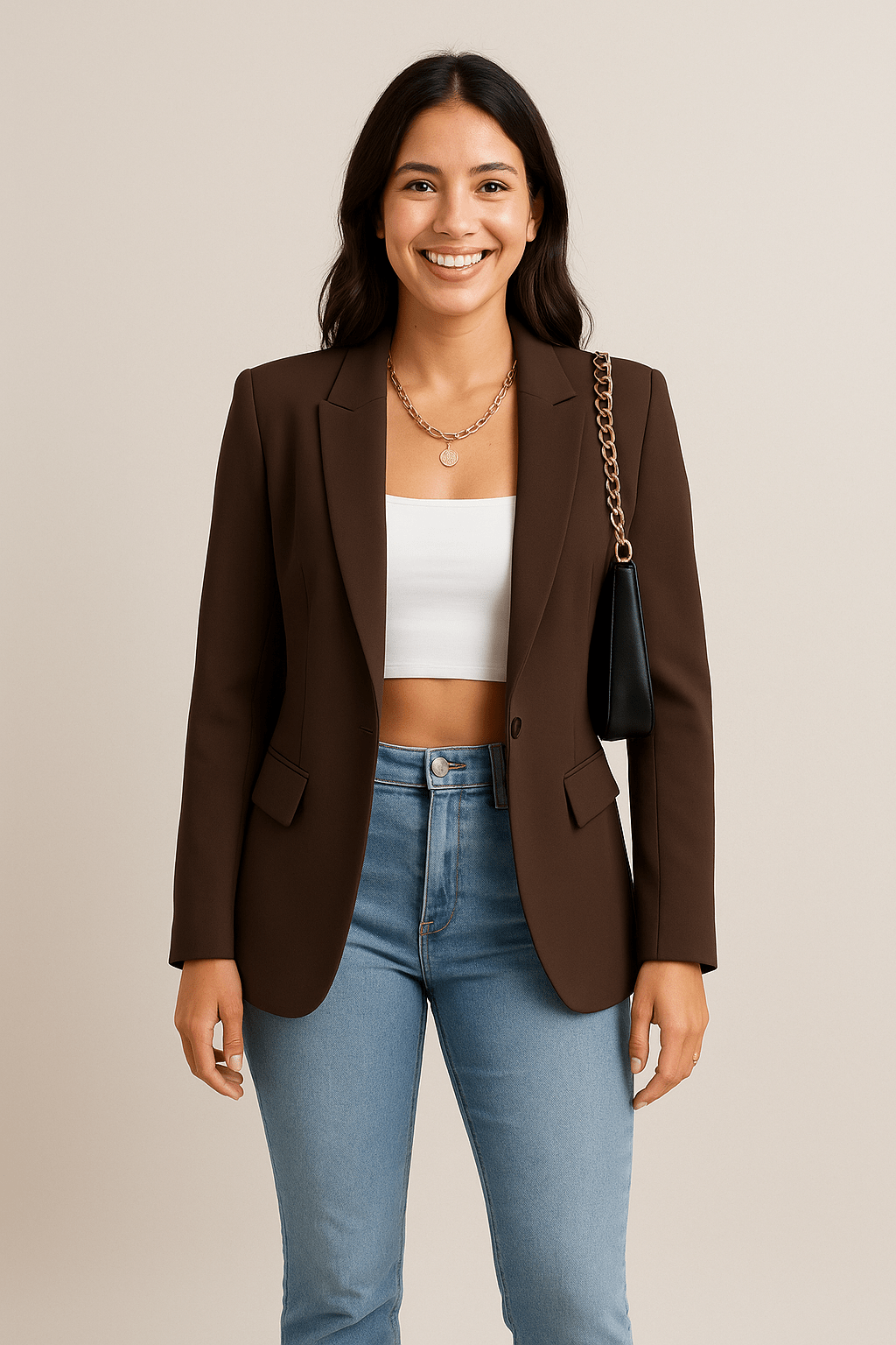 Women's Woven Blazer with Notched Lapels and One-Button Closure