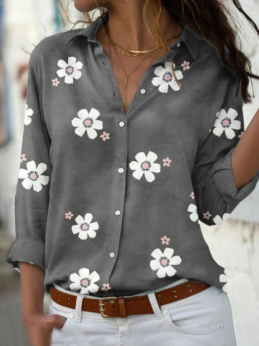 Women's Woven Blouse with Button Front and Roll-Tab Sleeves