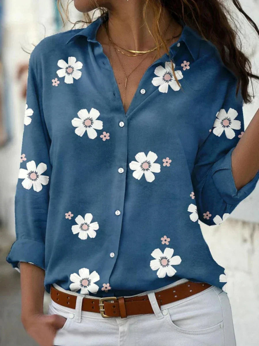 Women's Woven Blouse with Button Front and Roll-Tab Sleeves