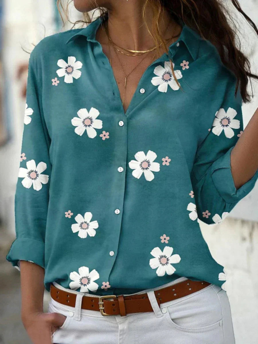 Women's Woven Blouse with Button Front and Roll-Tab Sleeves