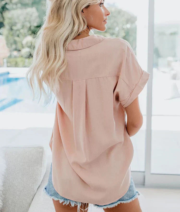 Women's Woven Blouse with Button Front and Rolled Cuffs