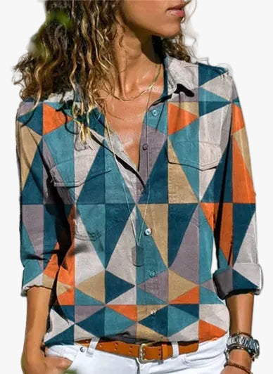 Women's Woven Blouse with Button Placket and Roll-Tab Sleeves