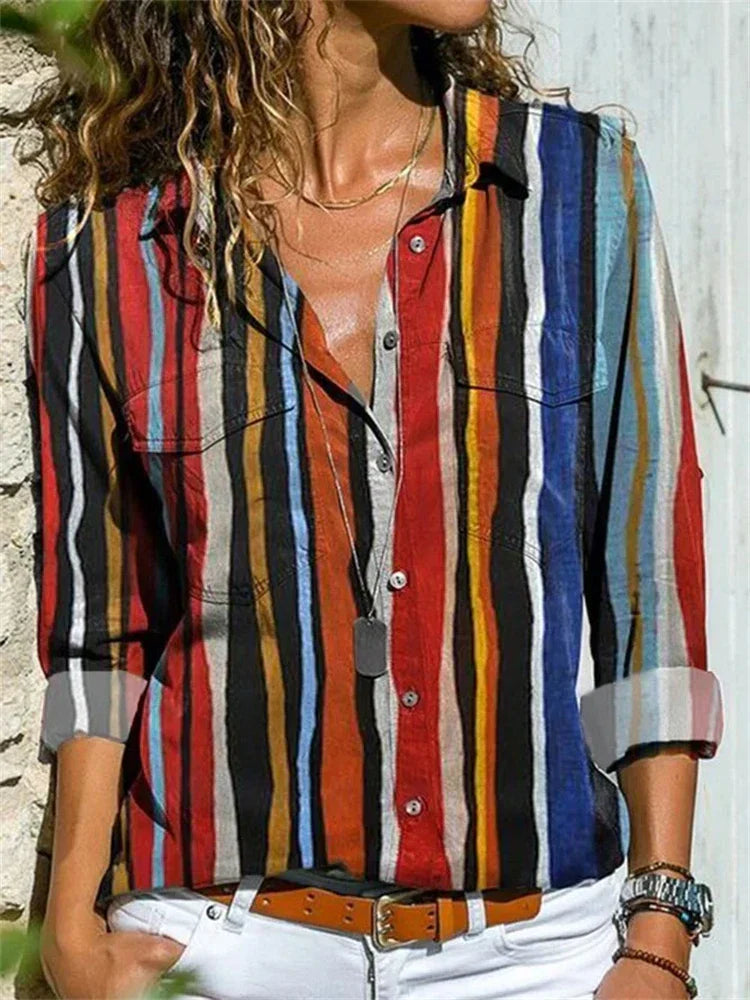 Women's Woven Blouse with Button Placket and Roll-Tab Sleeves