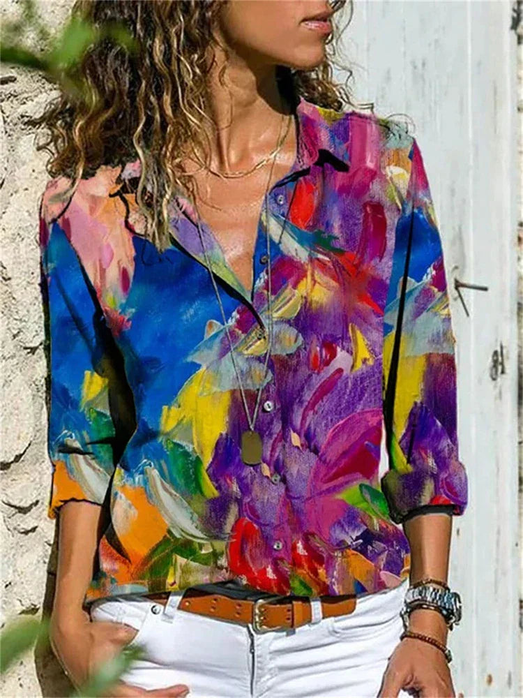 Women's Woven Blouse with Button Placket and Roll-Tab Sleeves