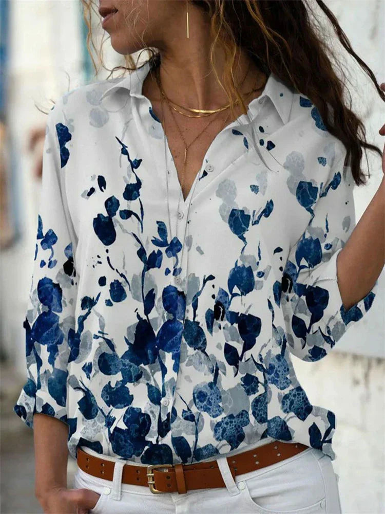 Women's Woven Blouse with Button Placket and Roll-Tab Sleeves