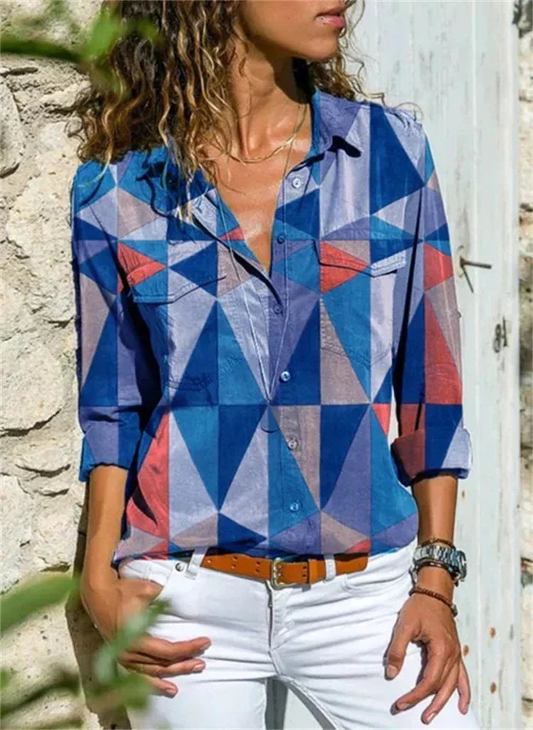 Women's Woven Blouse with Button Placket and Roll-Tab Sleeves