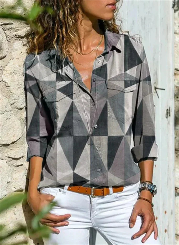 Women's Woven Blouse with Button Placket and Roll-Tab Sleeves