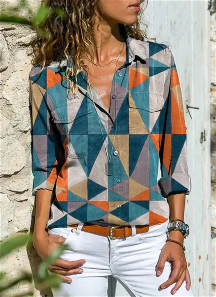 Women's Woven Blouse with Button Placket and Roll-Tab Sleeves