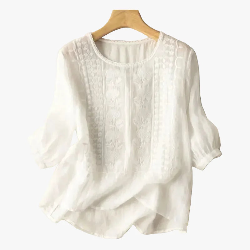 Women's Woven Blouse with Embroidered Panel and Scoop Neck