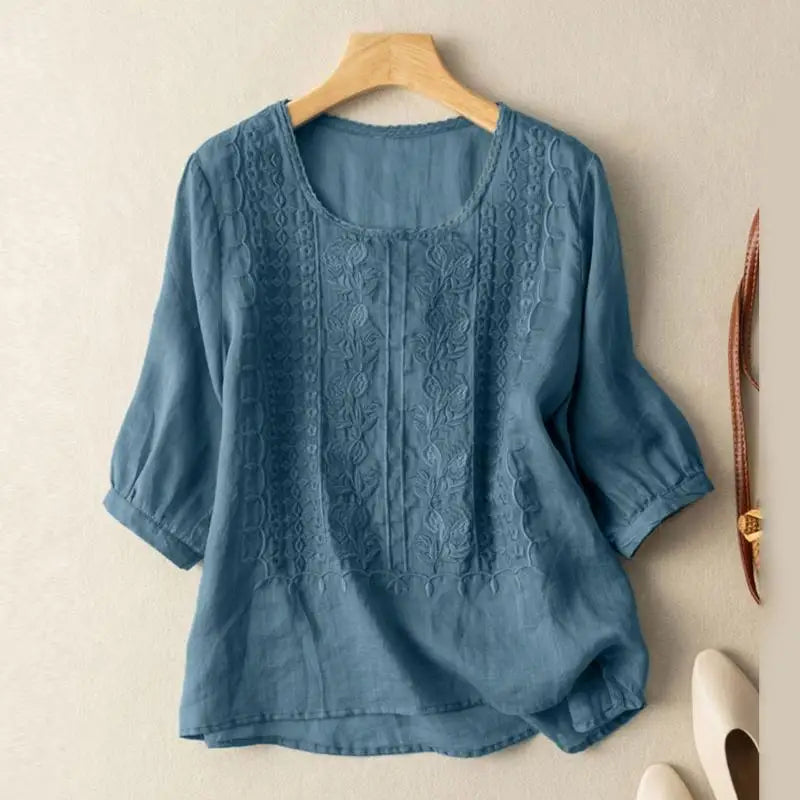 Women's Woven Blouse with Embroidered Panel and Scoop Neck