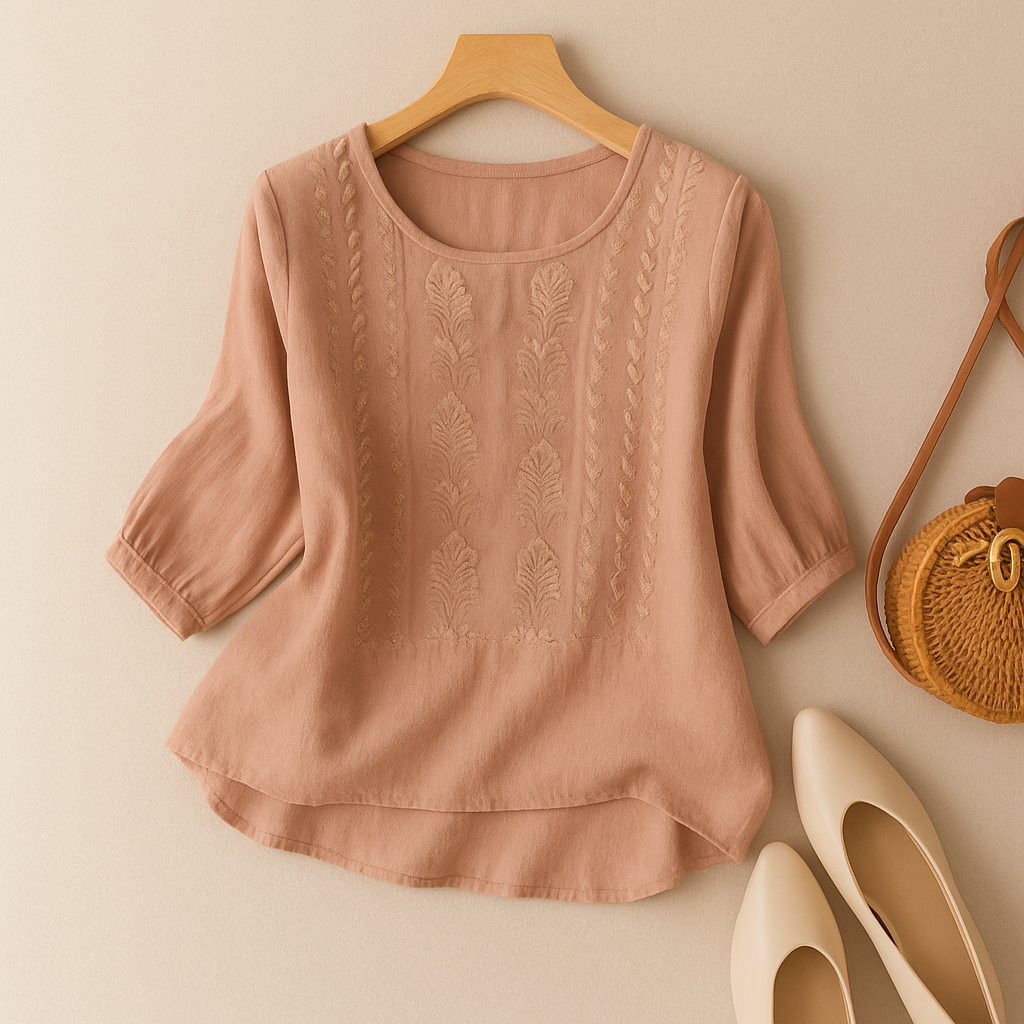 Women's Woven Blouse with Embroidered Panel and Scoop Neck