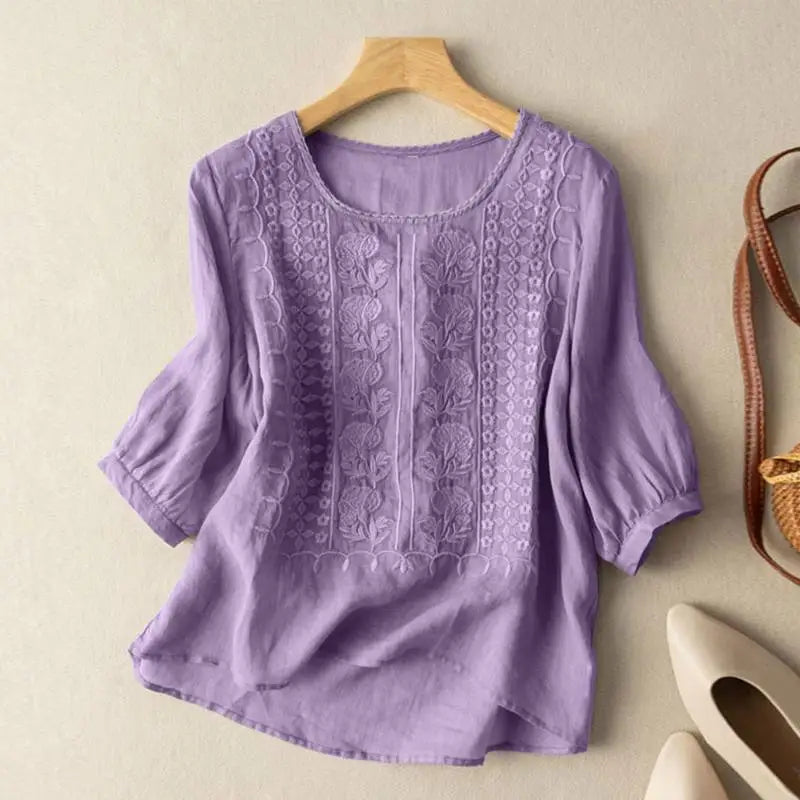 Women's Woven Blouse with Embroidered Panel and Scoop Neck