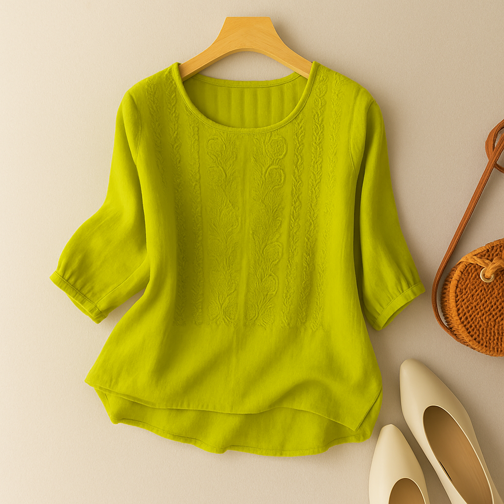 Women's Woven Blouse with Embroidered Panel and Scoop Neck