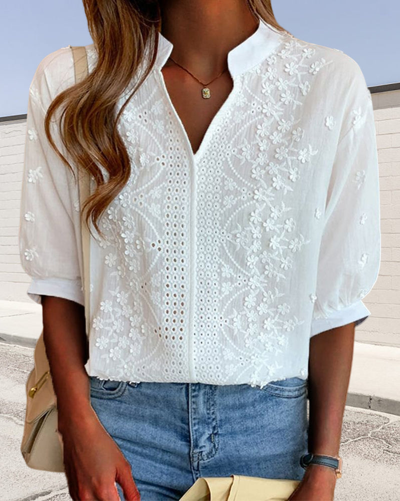 Women's Woven Blouse with Embroidered Panel and Split V Neck