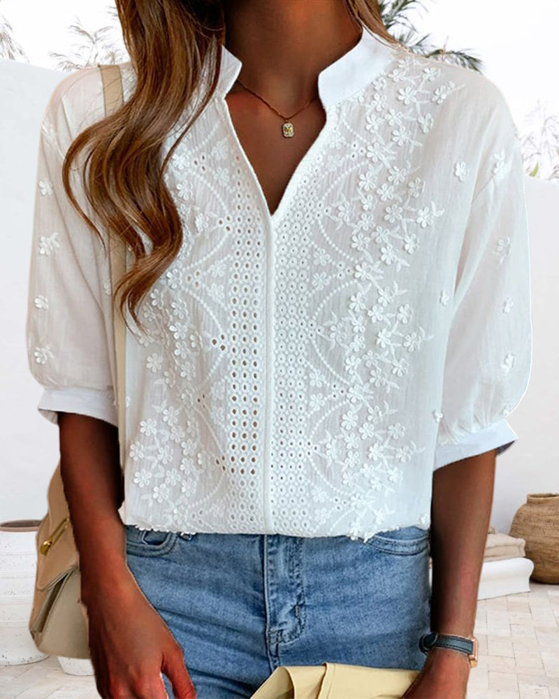 Women's Woven Blouse with Embroidered Panel and Split V Neck