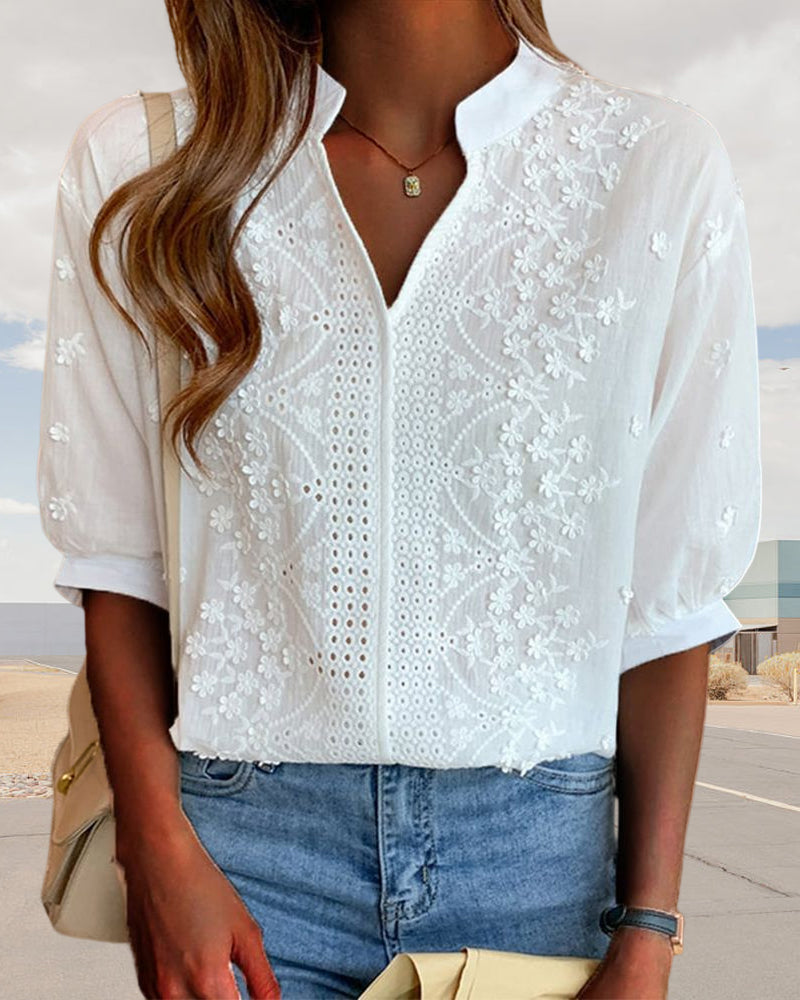 Women's Woven Blouse with Embroidered Panel and Split V Neck