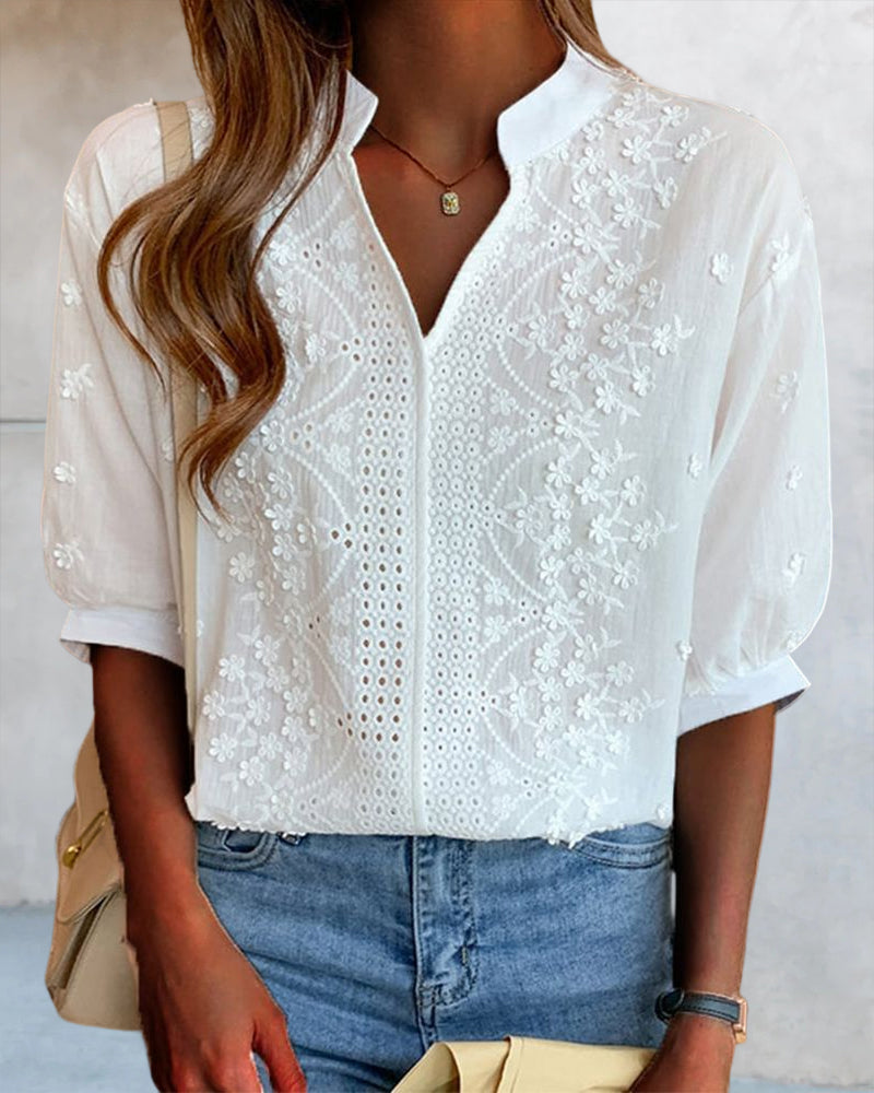 Women's Woven Blouse with Embroidered Panel and Split V Neck