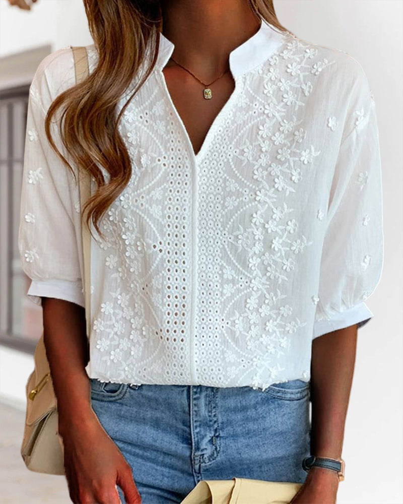 Women's Woven Blouse with Embroidered Panel and Split V Neck