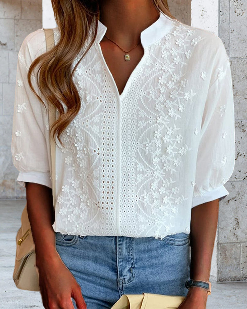 Women's Woven Blouse with Embroidered Panel and Split V Neck
