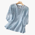 Women's Woven Blouse with Embroidered Yoke and Split Neckline