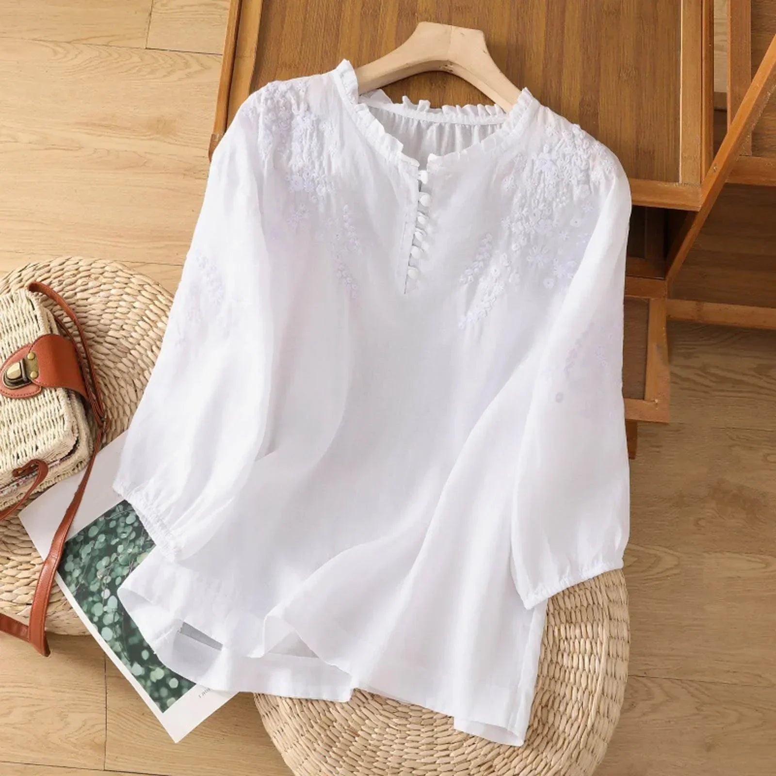 Women's Woven Blouse with Embroidered Yoke and Split Neckline