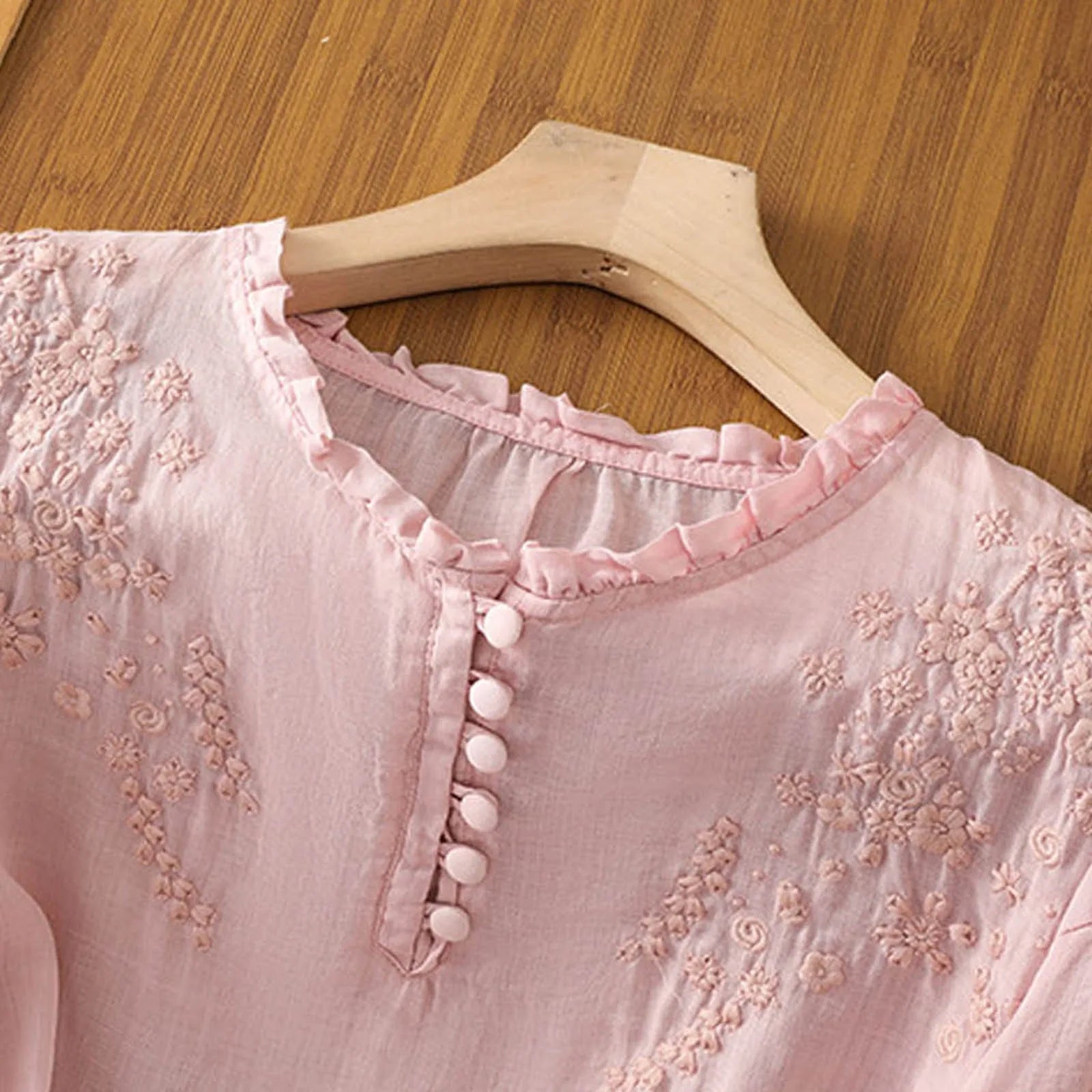 Women's Woven Blouse with Embroidered Yoke and Split Neckline