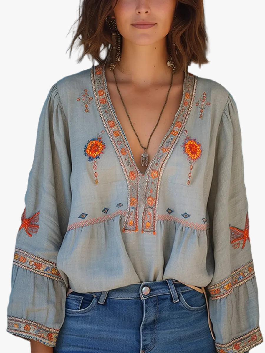 Women's Woven Blouse with Embroidery and V Neckline