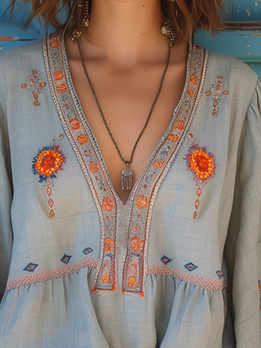 Women's Woven Blouse with Embroidery and V Neckline
