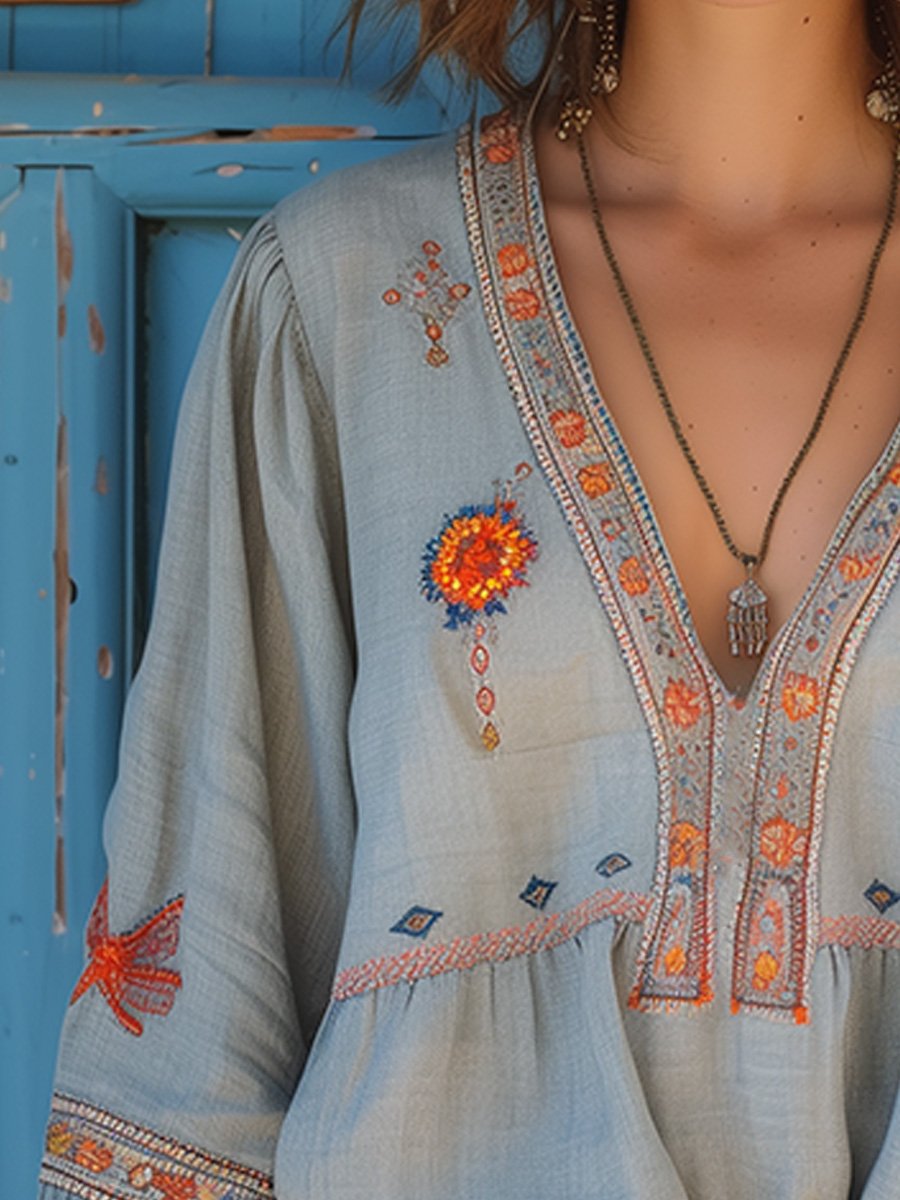 Women's Woven Blouse with Embroidery and V Neckline
