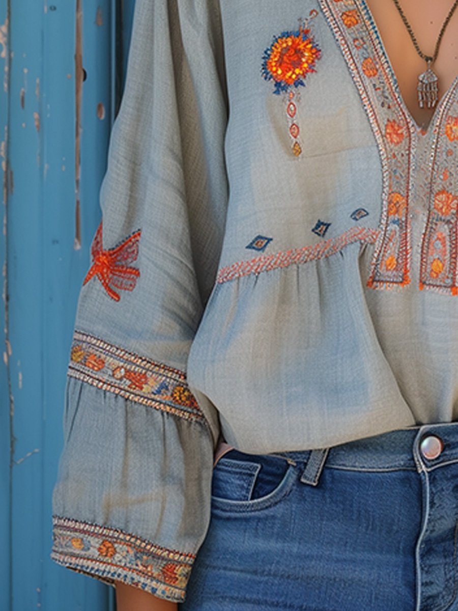 Women's Woven Blouse with Embroidery and V Neckline