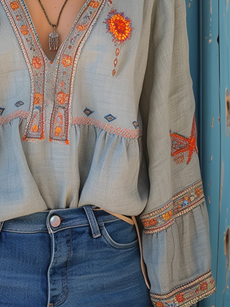Women's Woven Blouse with Embroidery and V Neckline