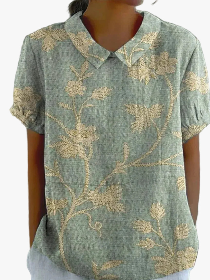 Women's Woven Blouse with Floral Pattern and V-Neck Collar