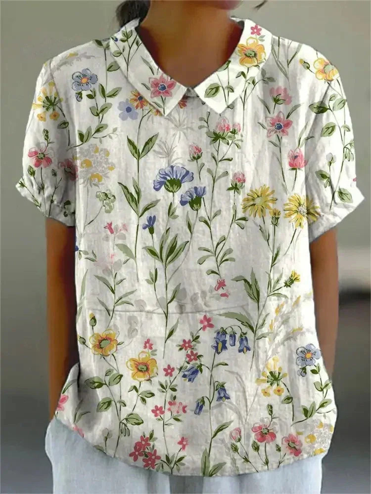 Women's Woven Blouse with Floral Pattern and V-Neck Collar