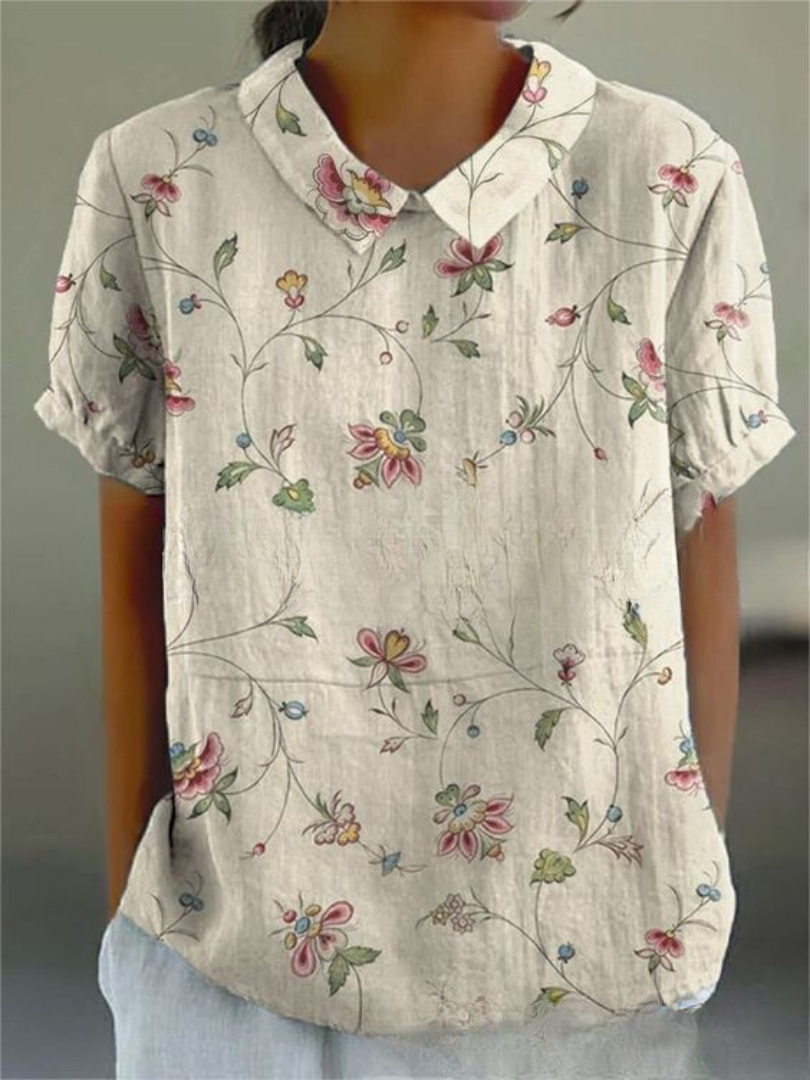 Women's Woven Blouse with Floral Pattern and V-Neck Collar