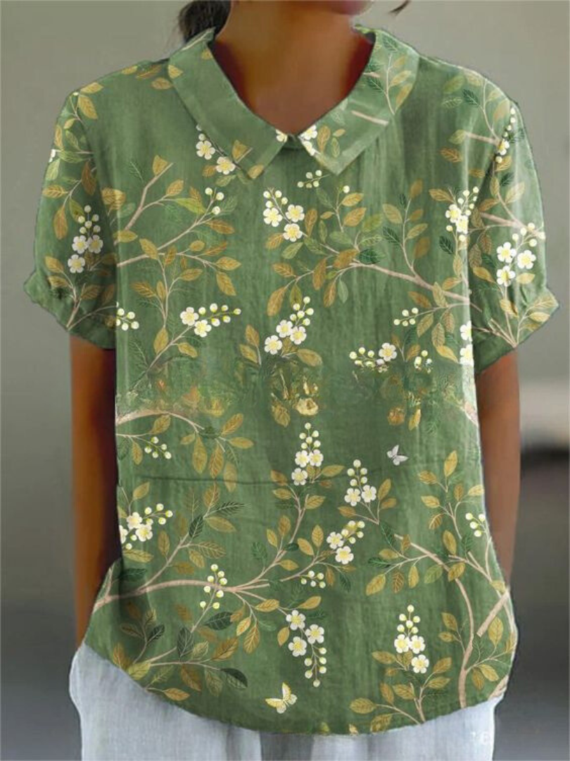 Women's Woven Blouse with Floral Pattern and V-Neck Collar