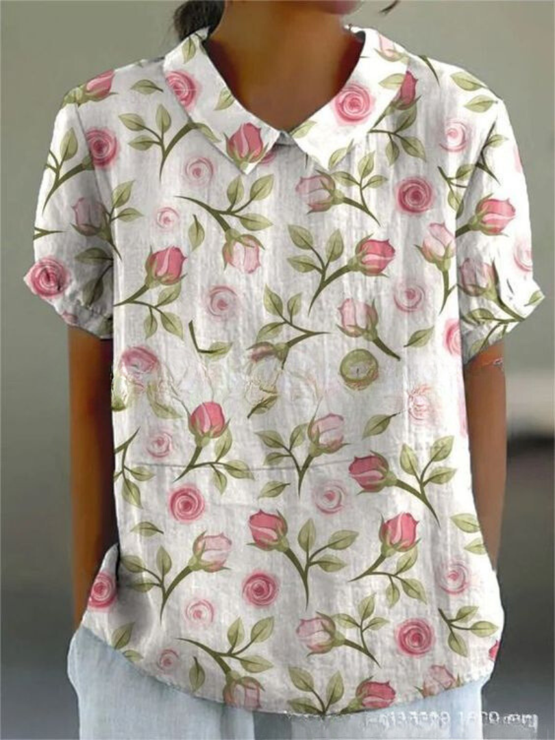 Women's Woven Blouse with Floral Pattern and V-Neck Collar